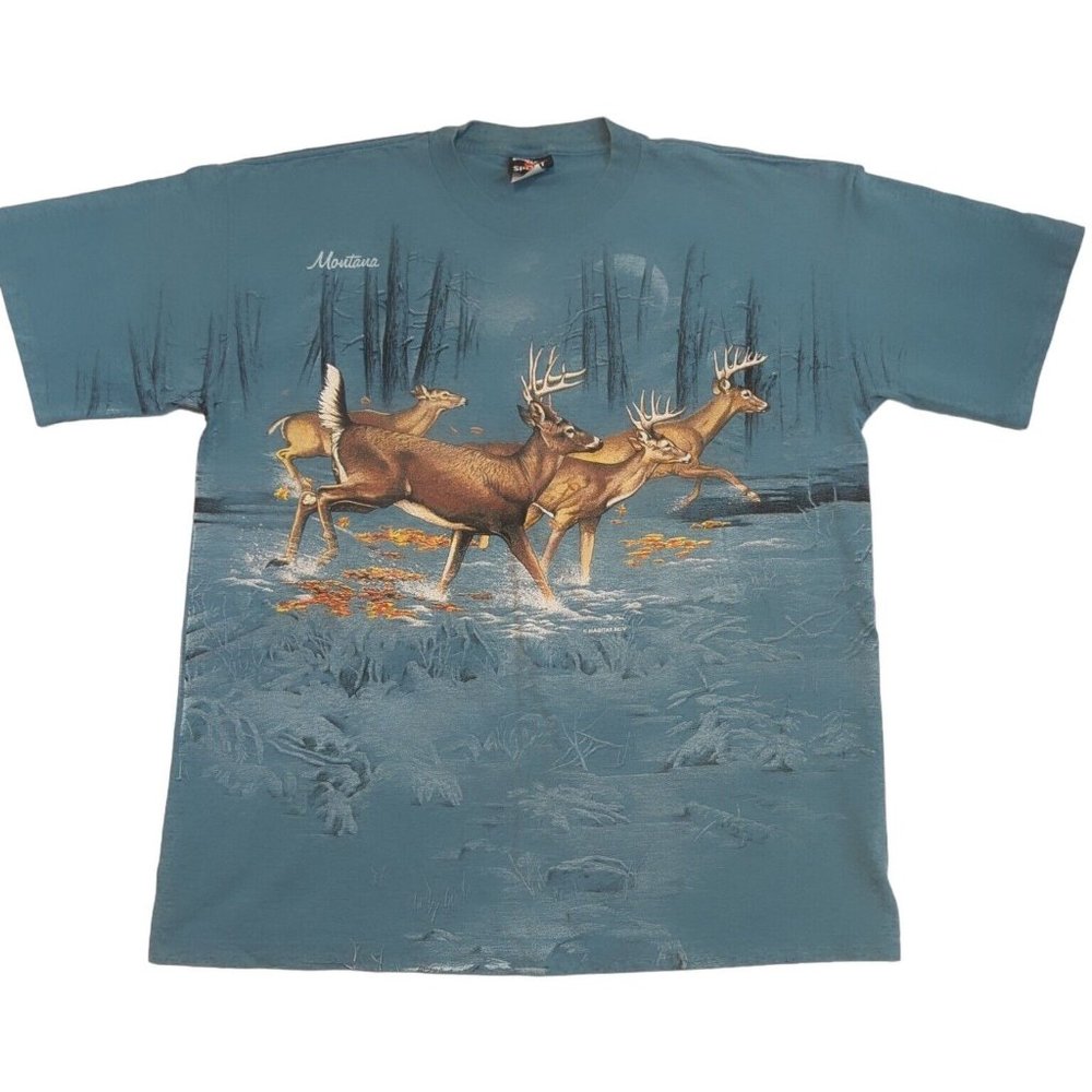 Vintage 1994 Habitat Deer Art Shirt Sz XL Single-Stitch Wrap-Around AOP Montana